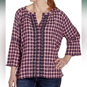 JAG Plaid Embroidered Blouse M Red Blue